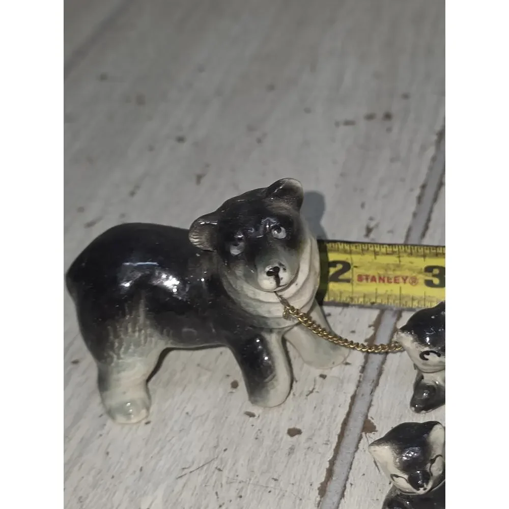 Vintage Sonsco Mama Bear 6 Cubs On Chain Japan Black Bear Family Figurines